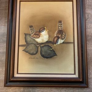 Oil on canvas wrens chasing worm signed Powell 11.5 x 16” 17 x 20” with frame